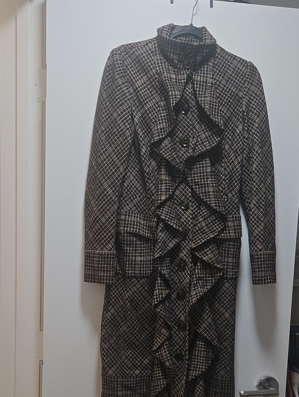 Diane von Furstenberg Militette Ruffle Front Plaid Wool Coat Brown Cream